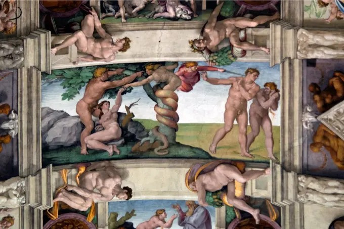 Michelangelo´s famous Expulsion from Paradise, central panels of ceiling frescoes , Sistine Chapel, Vatican Museum, Rome, Italy