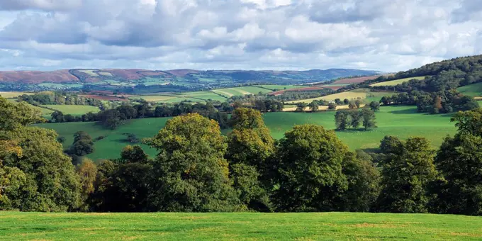The Quantock Hills viewed from the Brendon Hills at Chidgley on the edge of Exmoor National Park near Williton, Somerset, England, United Kingdom