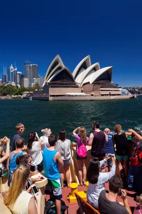 Australia, New South Wales, NSW, Sydney, CBD, Circular Quay and Sydney Opera House, view from Sydney Harbour Ferry.