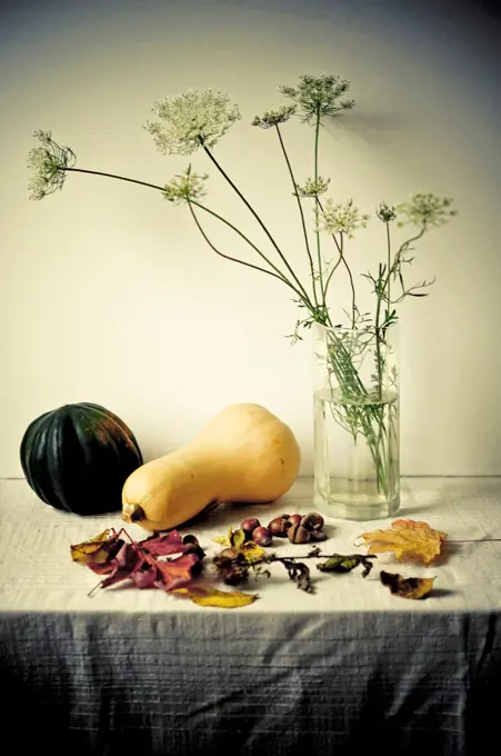 Still life with squash and vase with field flowers.