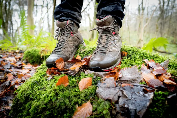 Close-up of feet with a walking boots in a forest, over a wall with moss on a rainy day. Grassington, Skipton, Yorkshiredales, Yorkshire, England, UK,...