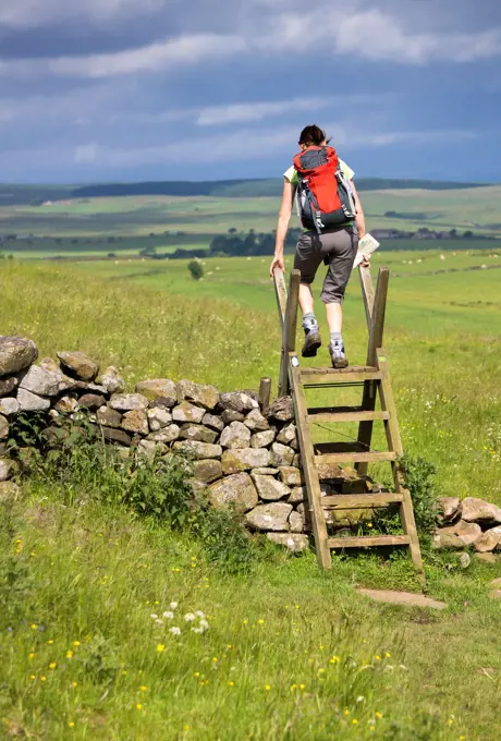 A hiker crossing a stile on the Hadrians Wall Walk in Northumberland, North East of England, UK.