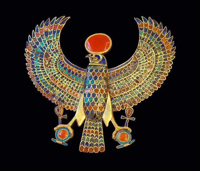 Pectoral jewel, Gold falcon, Tutankhamun´s treasure, Museum of Egyptian Antiquities, Cairo, Egypt, Africa.