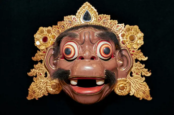 Delem mask made using real human facial hair. Setia Darma House of Masks and Puppets, Mas, Ubud, Bali, Indonesia.