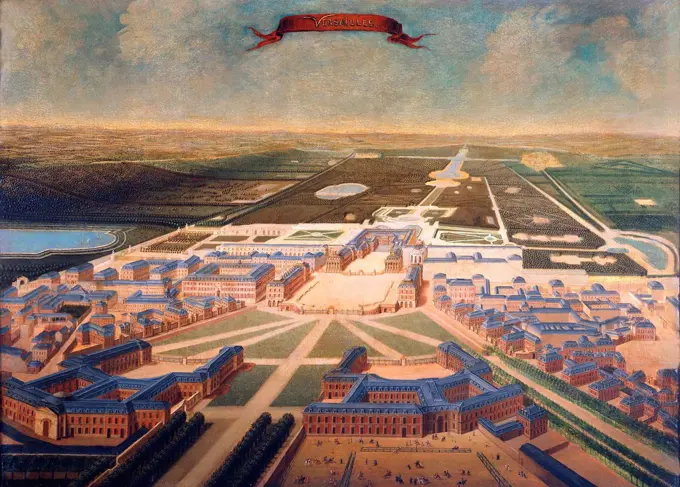French school - Panorama of the palace of Versailles and the gardens.