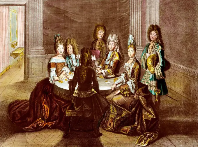 Antoine Trouvain - . Second Room of the Versailles Apartments: Marshal Duke of Vendôme playing cards with the Grand Dauphin and members of the French ...