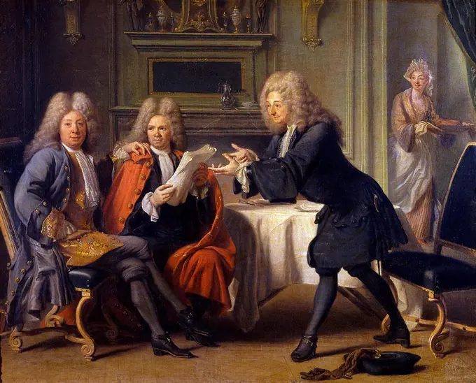 Jacques Autreau - . Fontenelle, La Motte and Saurin at Mrs de Tencin's Place, a. k. a. The Auteuil House. .