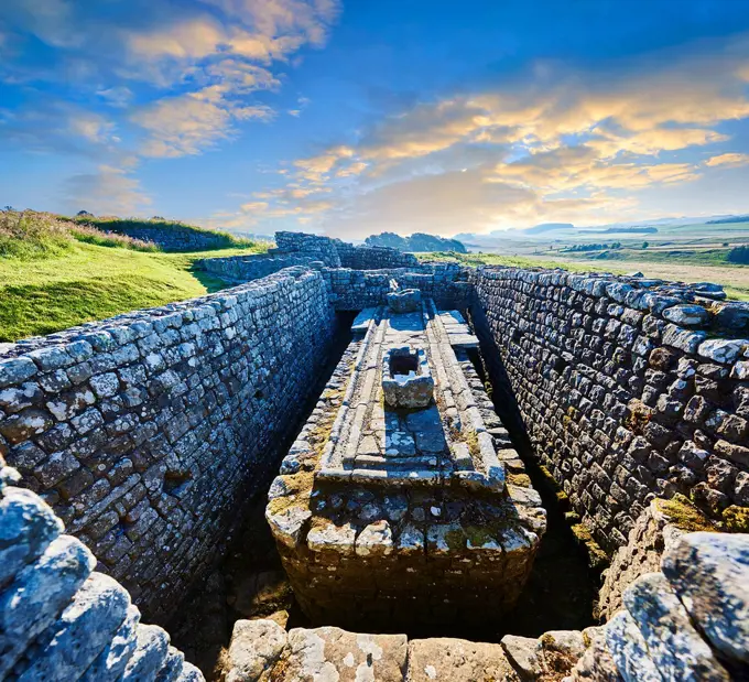 Ruins of Houseteads Roman Fort, Veronicum, Hadrians Wall , A UNESCO World Heritage Site, Northumberland, England, UK.