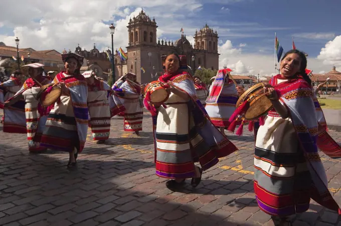Scene from the Inti Raymi Festival at Plaza de Armas with the Cathedral at the background, Cusco, Peru, South America