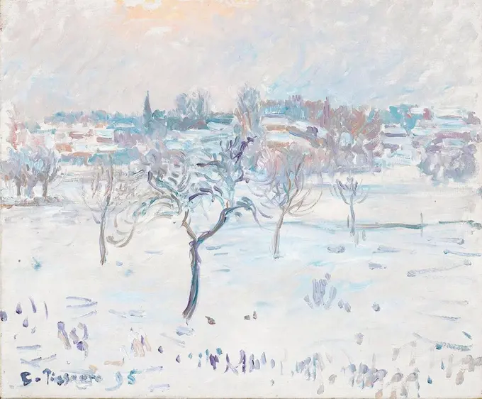 Camille pissarro (1830 1903) snowy landscape at eragny with an apple tree 1895.