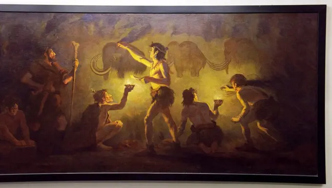 Cro-Magnon Artists of Southern France, 1920, by Charles R  Knight, Oil on canvas, American Museum of Natural History, New York City