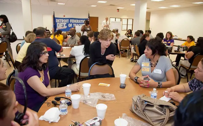 Detroit, Michigan - American Federation of Teachers President Randi Weingarten, center, meets with parents and community leaders to discuss issues in ...