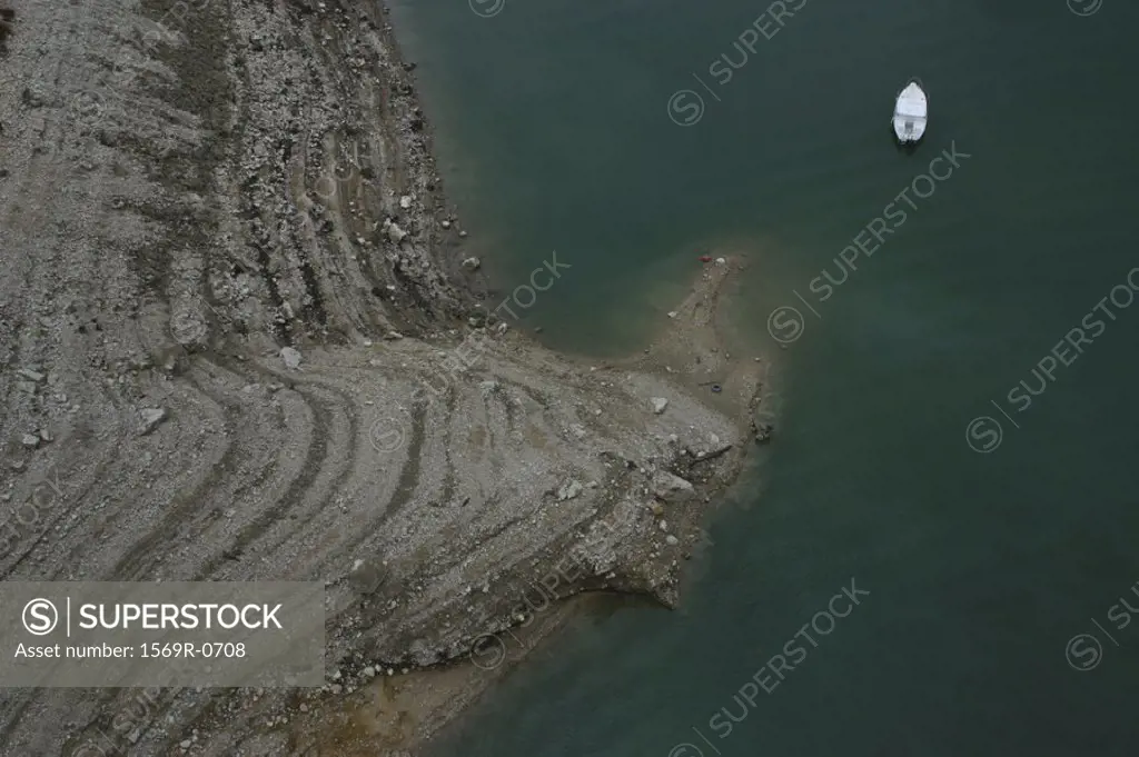 France, Jura, Lake Vouglans with low water level, high angle view
