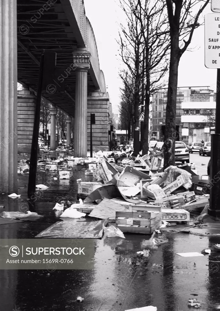 France, Paris, piles of trash next to street