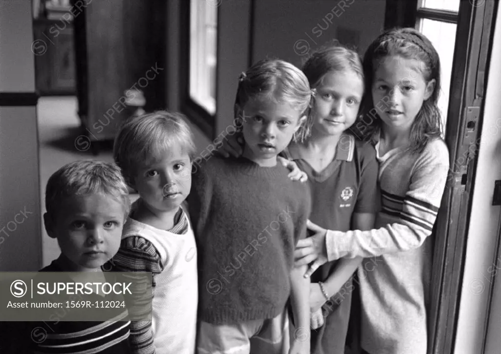 Five children side by side, portrait, b&w