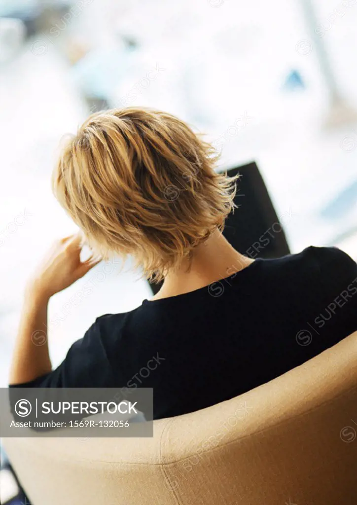 Woman sitting, using laptop, rear view