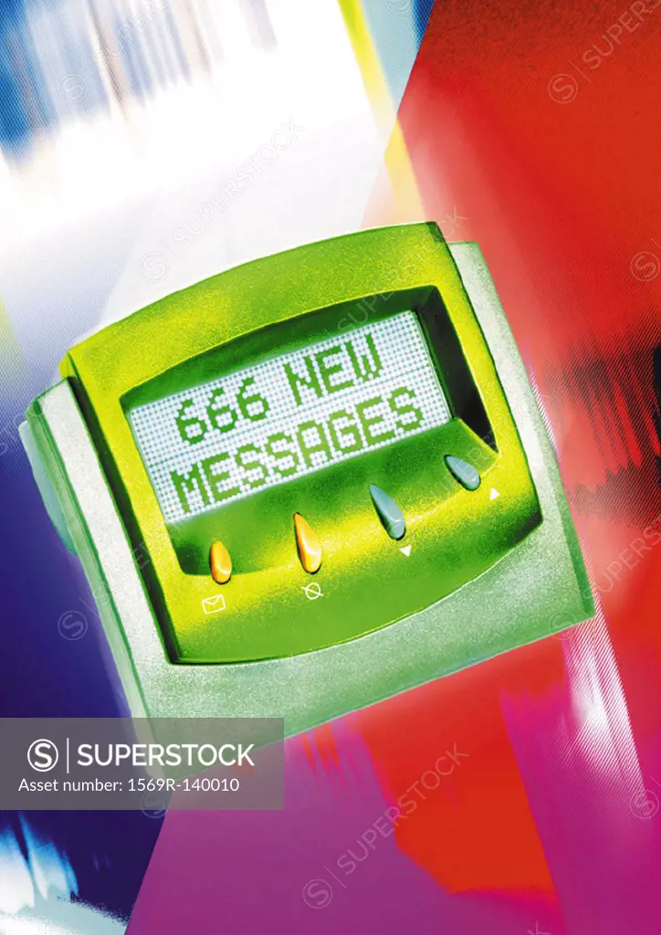 Pager, ´666 New Messages´ text on screen, digital composite