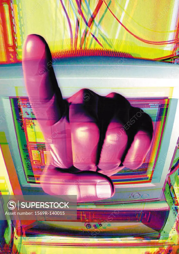 Hand pointing finger, emerging from computer monitor, digital composite