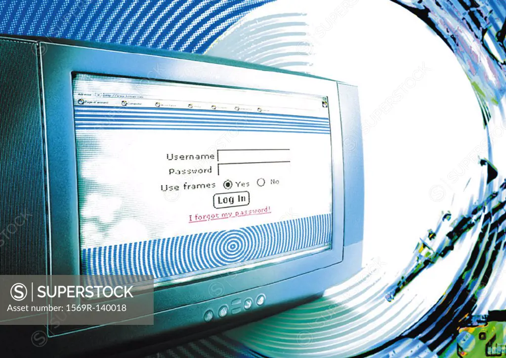 Computer in cyberspace, ´LOG IN´ message on screen, digital composite