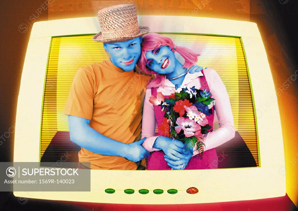Couple coming out of television screen, digital composite