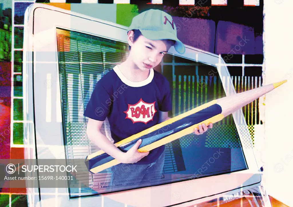 Young boy holding oversized pencil, emerging from computer monitor, digital composite