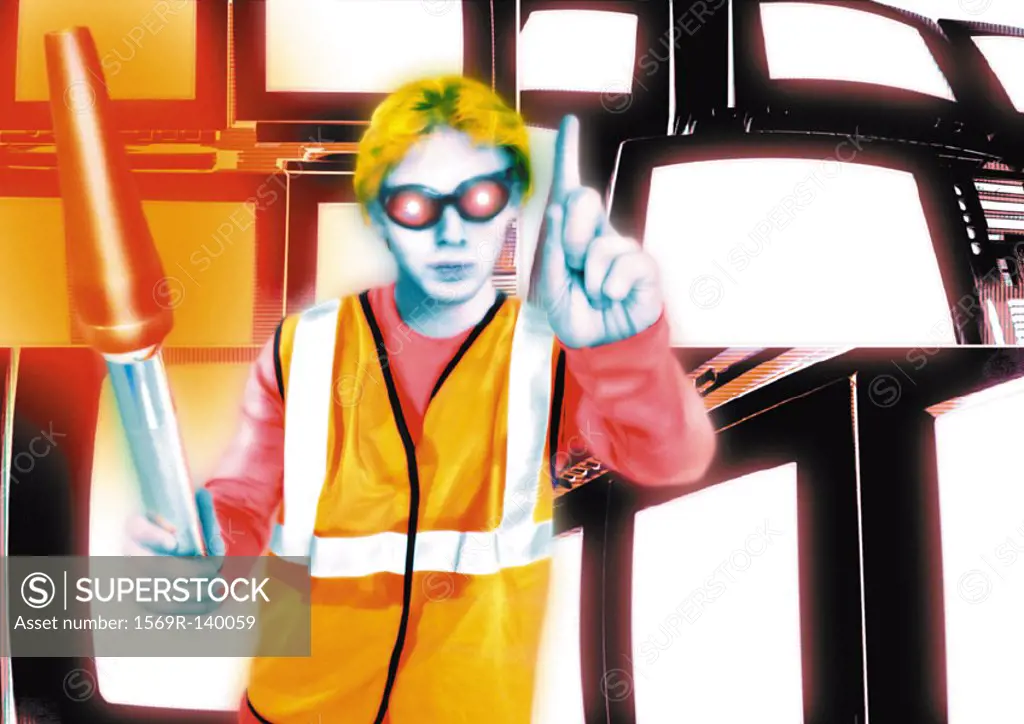 Young crossing guard standing in front of monitors, pointing, digital composite