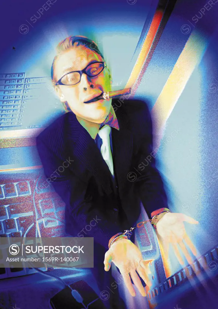 Businessman in handcuffs, smoking cigar, digital composite