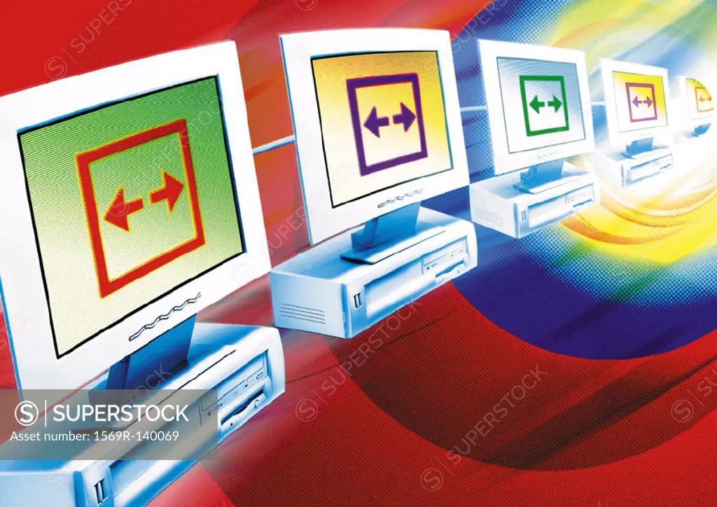 Computers floating in cyberspace, digital composite