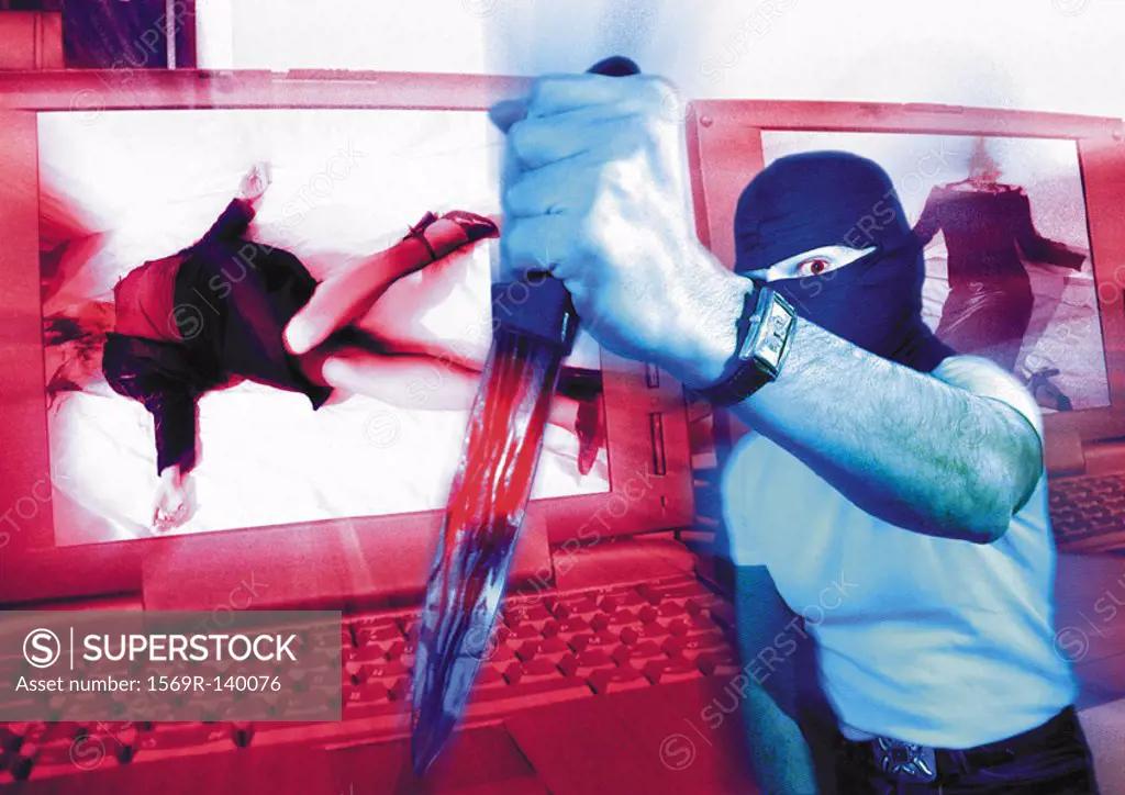 Masked man holding dagger, laptops with murder victims on screen in background, digital composite
