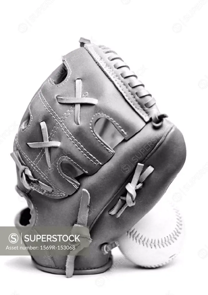 Baseball glove and ball, b&w