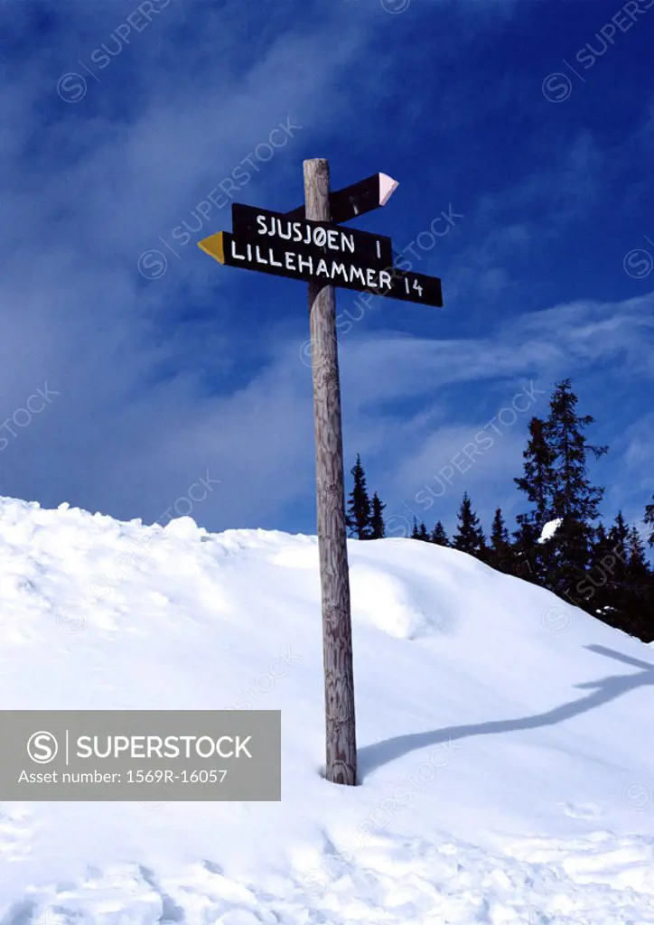 Norway, direction sign in snow