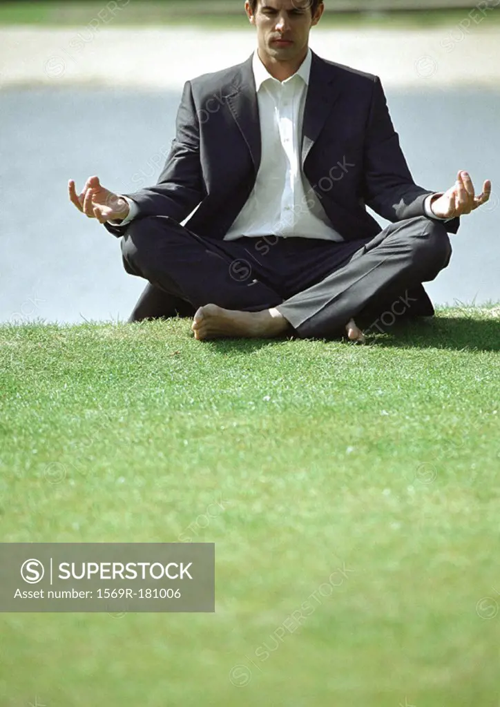 Businessman in lotus position on grass