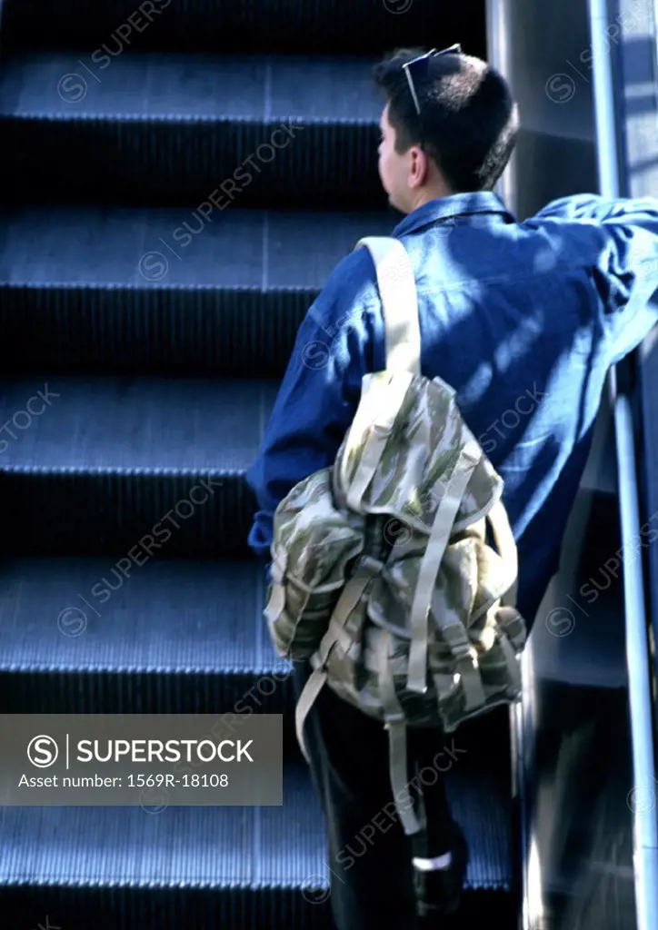 Man riding escalator, rear view