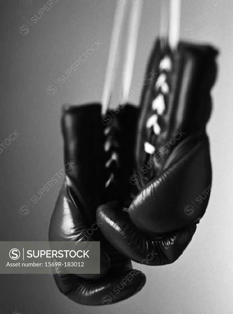 Boxing gloves, close-up, b&w