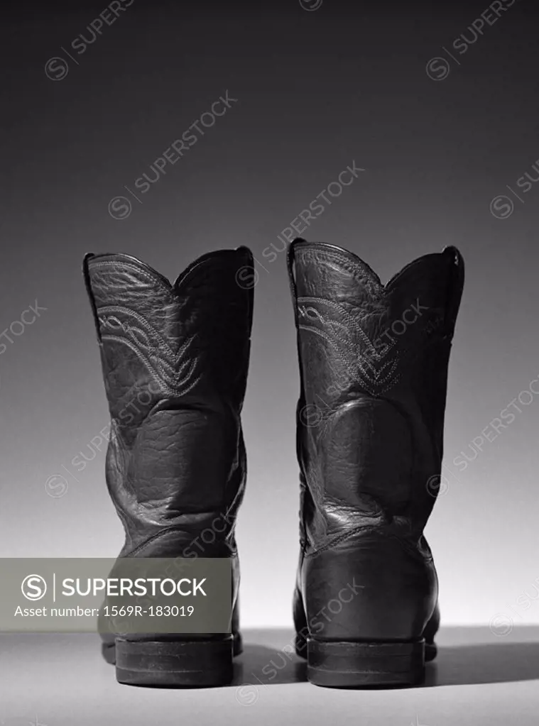 Leather cowboy boots, close-up, b&w