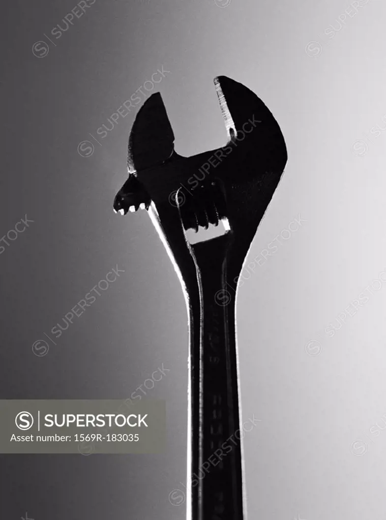 Adjustable wrench, close-up, b&w