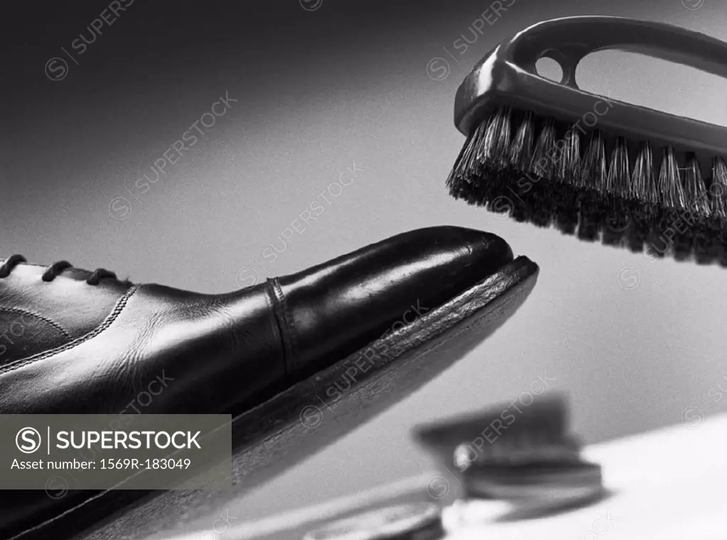 Brush above leather shoe, close-up, b&w