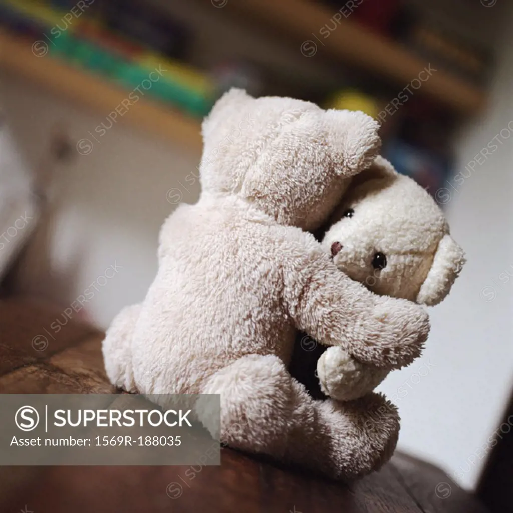 Teddy bears hugging on table