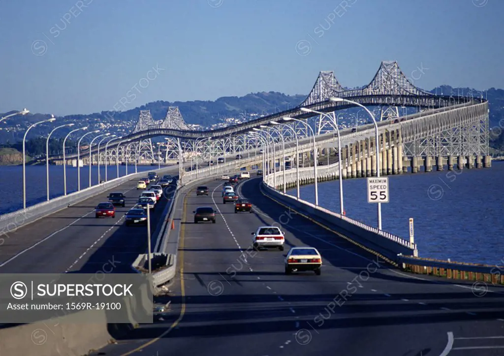 USA, bridge over body of water, front view