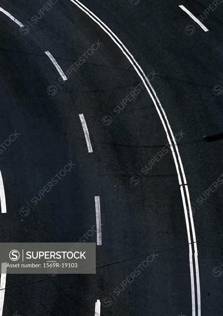 Road with white lines, close-up, birdseye view