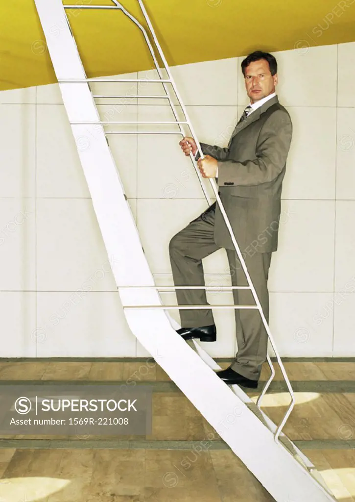 Man standing on ladder, looking into camera