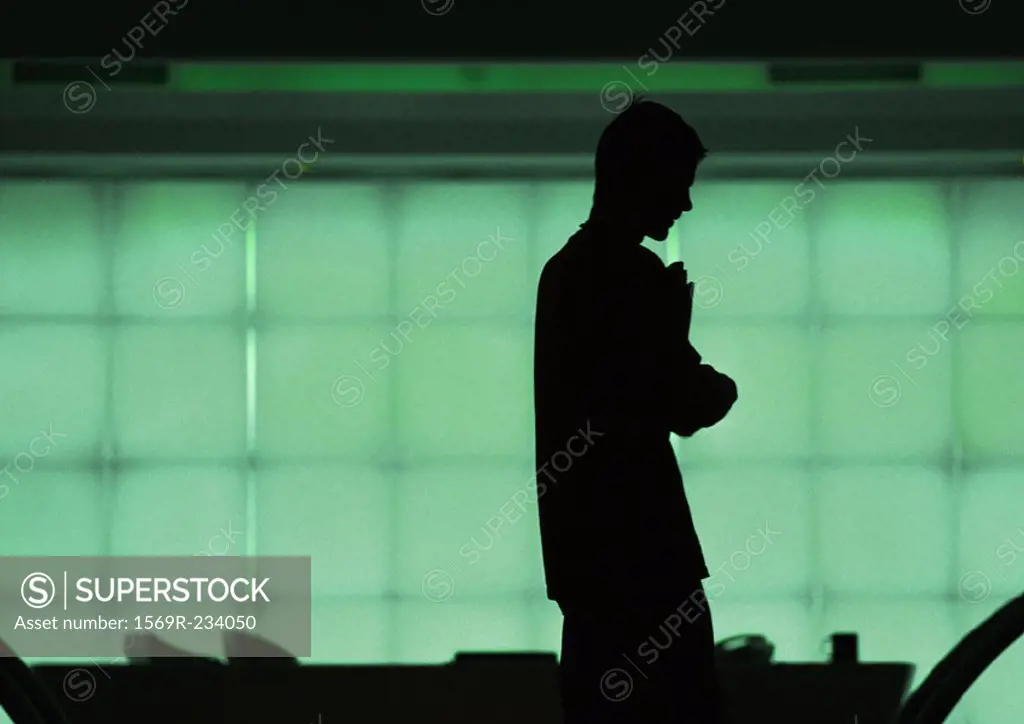 Man standing in front of windows, silhouette