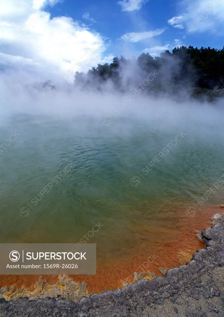 New Zealand, Waiotapu Thermal Park, steam rising over hot spring