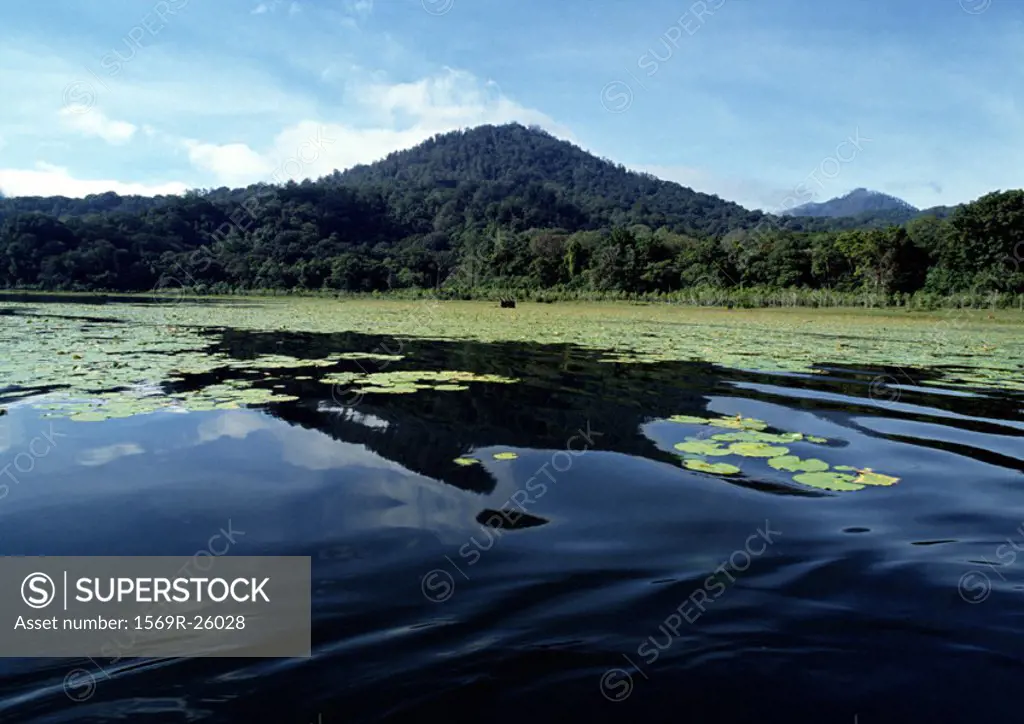 Indonesia, Bali, lake with mountain in background