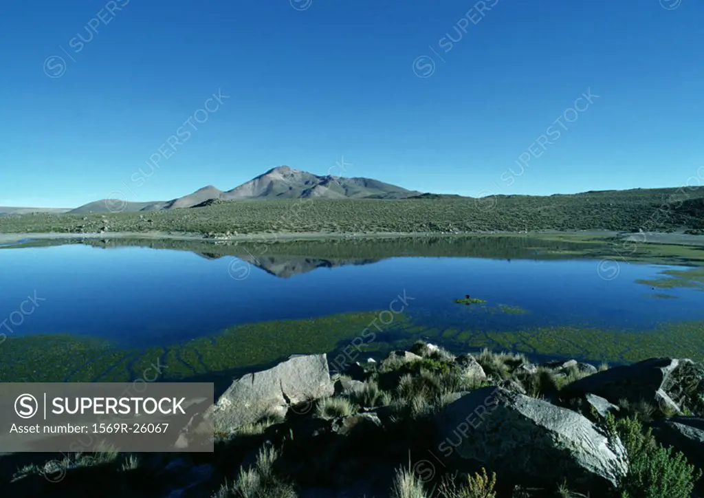 Chile, El Norte Grande, lakescape with mountain in distance