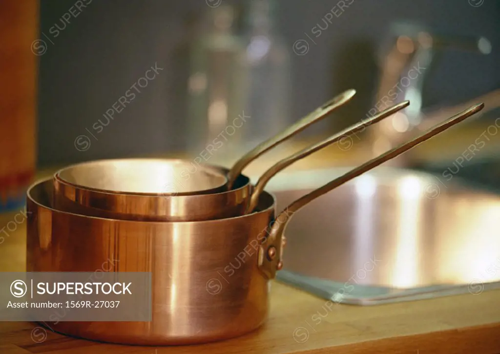 Copper pots on counter
