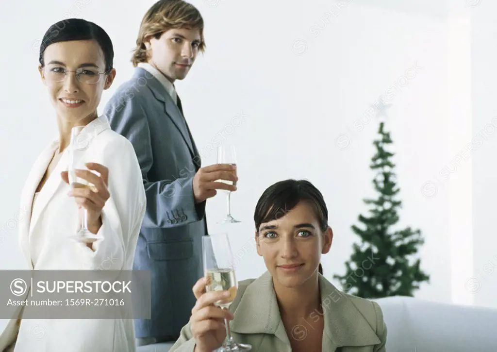 Businesspeople raising champagne flutes with christmas tree in background