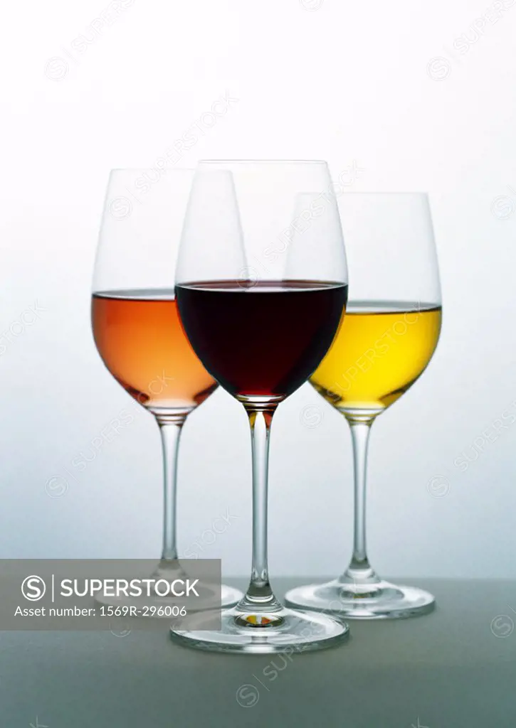 Glasses of white, rosé and red wines