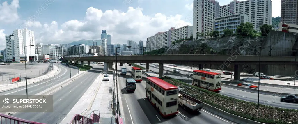 Hong-Kong, freeway, skyline in background, elevated view, panoramic view