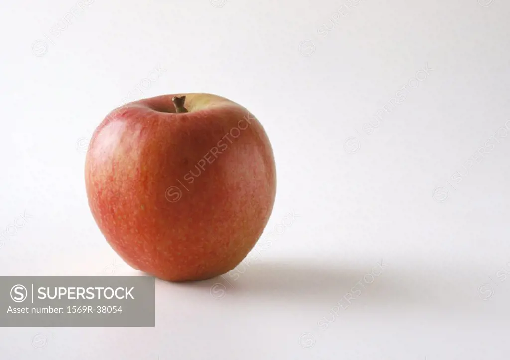 Red apple in upright position, white background